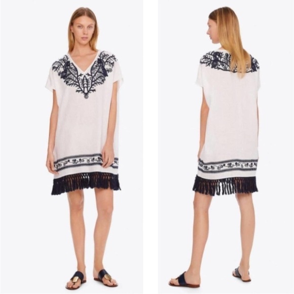 Tory Burch Other - Tory Burch Embroidered Beach Caftan Cover-Up Mini Dress Navy Blue White Linen S